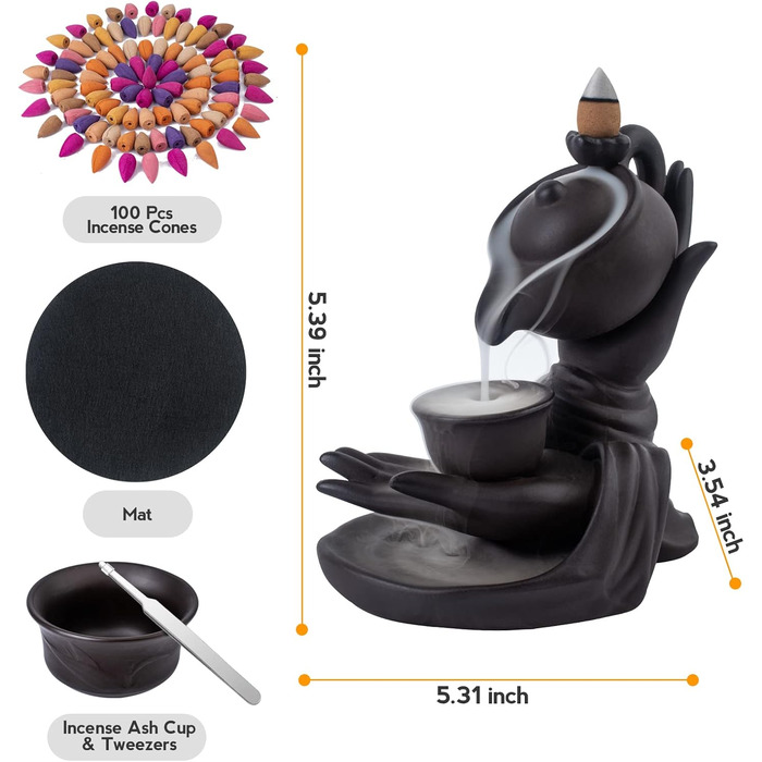 Waterfall Incense Holder Buddha Hand Backflow Incense Waterfall Burner Incense Stick Holder Waterfall with 100 Incense Cones 10 Types of Scents