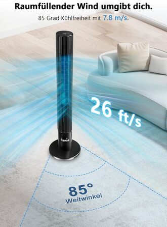 Безлопатевий вентилятор вежа Leiser 110 см, 26 дБ, 3 швидкості, LED-дисплей, таймер 12 год для спальні, вітальні, офісу