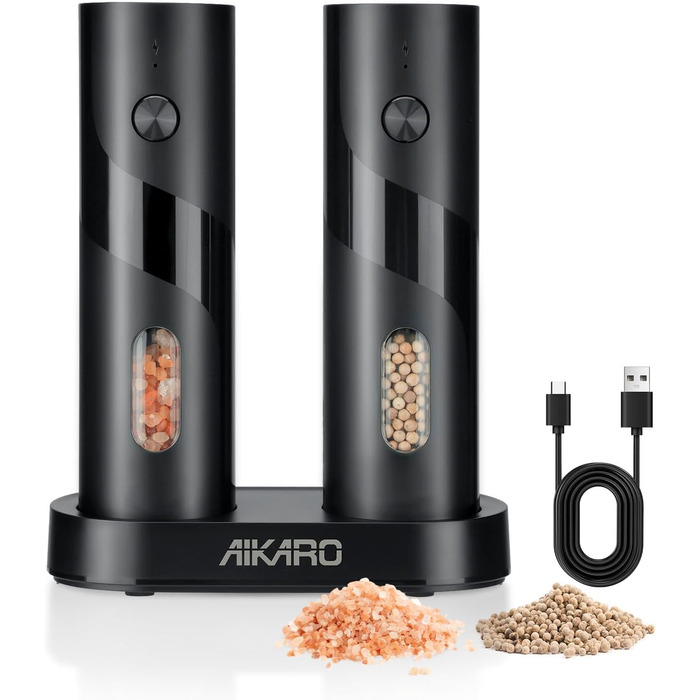 Електрична млинка для солі та перцю Aikarо - автоматична, з акумулятором, перезарядна база в комплекті