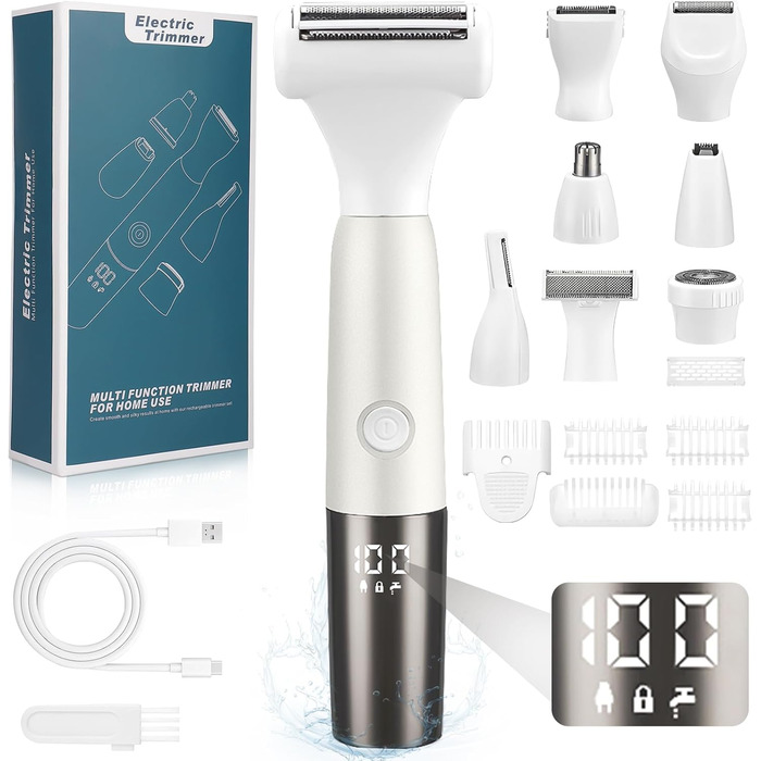 Електричний жіночий тример YGVQN 8-в-1 для тіла: бікіні, ноги, обличчя, брови, ніс. LED дисплей, водонепроникність IPX7, USB-зарядка.