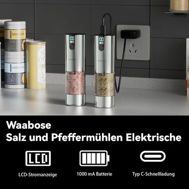 Електричний набір млинків для солі та перцю Waabose з LCD-дисплеєм, LED-підсвічуванням, регульованим ступенем помолу, акумуляторний, для кухні та барбекю
