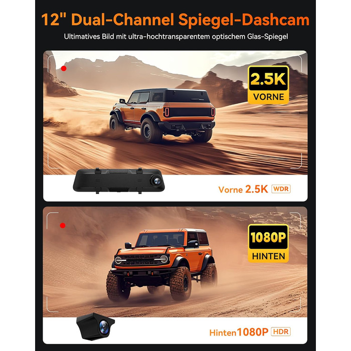 WOLFBOX Дзеркало-відеореєстратор 12' 4K з камерою заднього виду, WiFi, IPS-сенсорний екран, GPS, G-сенсор, Park Monitoring, 32GB, G840H