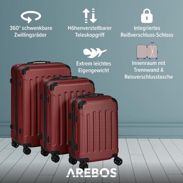 Набір валіз Arebos 3шт. з ABS-пластику | Валізи-тролі з телескопічною ручкою, замком-блискавкою та 360° колесами | Розміри M, L, XL | Колір рожеве золото (червоний)