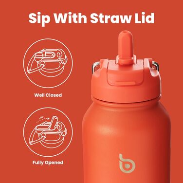 BOTTLE BOTTLE Insulated Water Bottle with Straw, Sports Stainless Steel Water Bottle with Handle Lid, Outdoor Sports Bottle for Pills, 1L (White) (Orangered)
