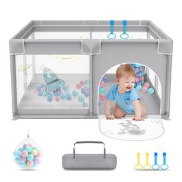 Дитячий манеж UISEBRT 127x127 см з 50 м'ячиками, 4 кільцями, сумкою, складаний, дихаюча сітка, синій з тваринками