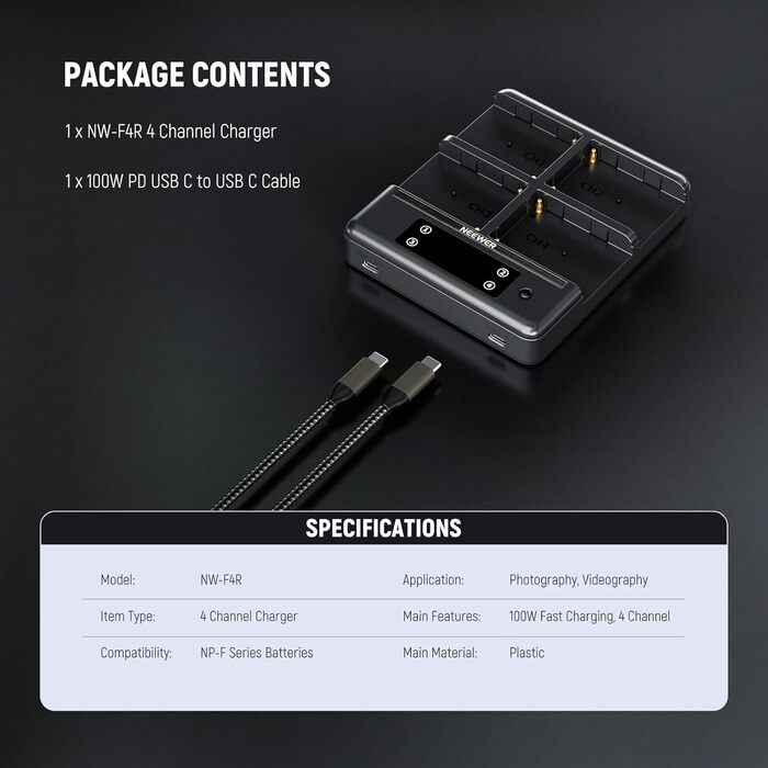 Зарядний пристрій NEEWER Micro USB для акумуляторів Sony NP-F550/F750/F960/F970, NP-FM50/FM70/FM90, QM71D, 91D, NP-F500H/F55H (NW-F4R)