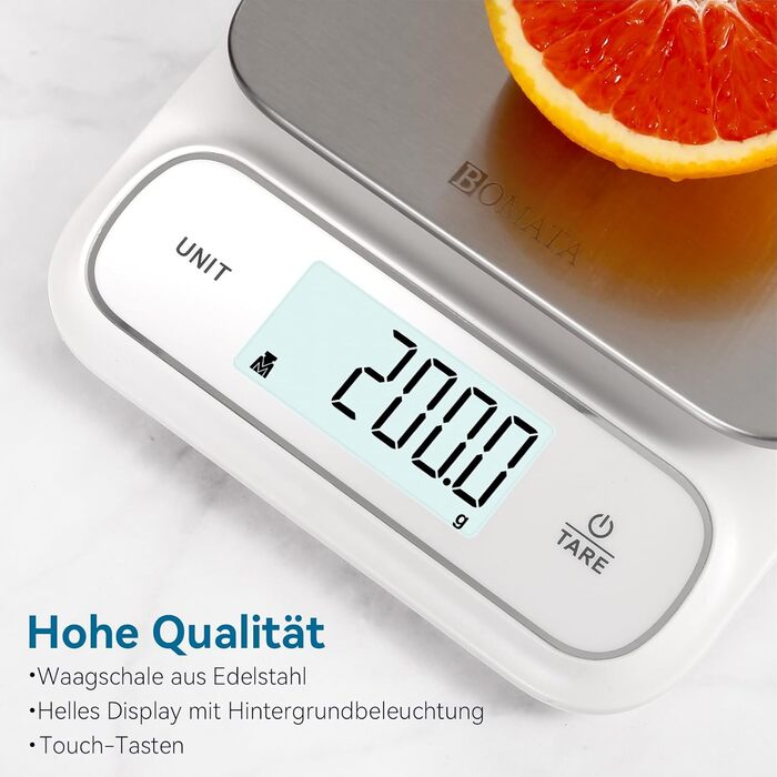 Кухонні ваги BOMATA, цифрові, 5 кг, точність 0,1 г, з підсвічуванням, платформа з нержавіючої сталі, білий колір