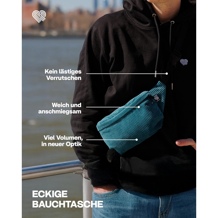 Чоловіча та жіноча поясна сумка PP-Berlin з корду, ручної роботи, веганська, 3 відділення, Made in Germany, для повсякденного використання, можна носити як через плече (Petrol)