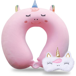 Дитяча подушка для подорожей з маскою для сну, м'яка подушка для шиї з memory foam, рожева, єдиноріг