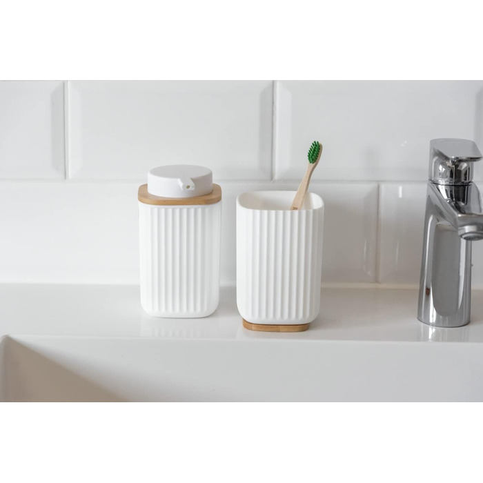 Дозатор для мила WENKO Rotello, 250 мл, з бамбуковим декором, для мила та засобів для миття посуду, червоний/натуральний