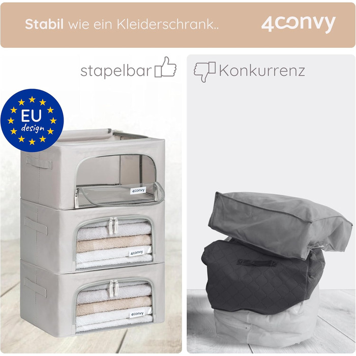 Складана коробка для зберігання одягу 4CONVY з блискавкою та металевим каркасом - покращений матеріал 2024 року. Коробка для постільної білизни, стабільна коробка для одягу, сірий колір, 3x24L