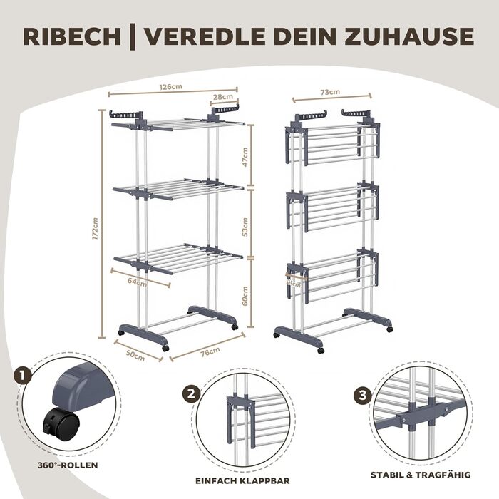 Сушарка для білизни Tower на коліщатках: 4-ярусна, з нержавіючої сталі, з 6 відкидними крилами та 2 боковими сторонами для обертання | 76x50x172 см | Компактна, складна, для балкону, ванної кімнати та саду | (Сірий)