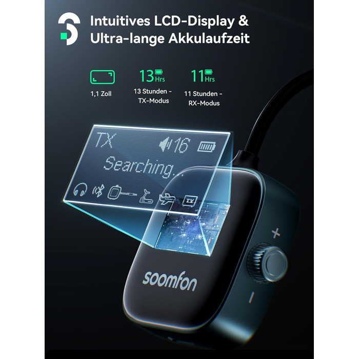 SOOMFON Bluetooth 5.3 Передавач/Приймач 2-в-1: Адаптер для телевізора, фітнесу, навушників (Airpods) з дисплеєм та акумулятором