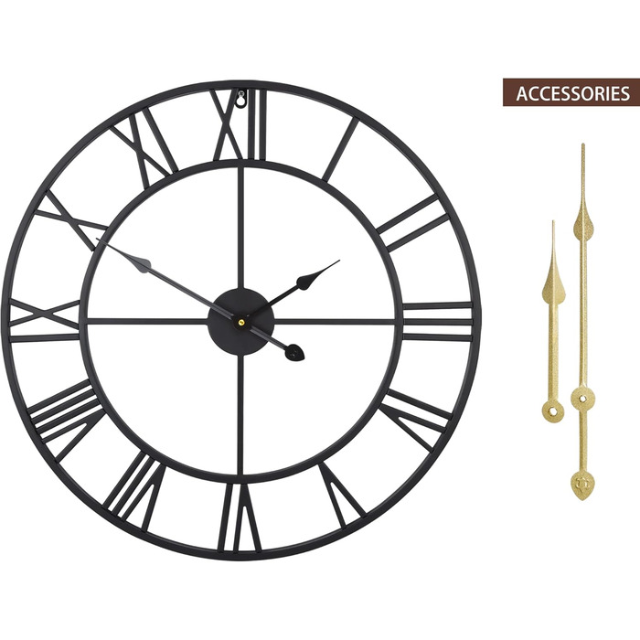 HAITANG Large Vintage Style Wall Clock, Black Round, Metal Silent Non-Ticking, Battery Powered, 40cm, 16 Inch Roman Numerals, Clocks for Living Room, Bedroom, Kitchen Wall Clock Decoration