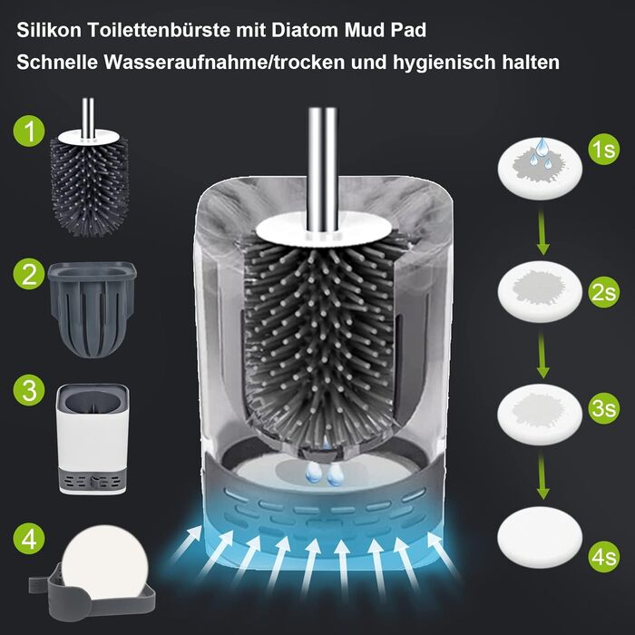 Силіконова щітка для унітазу Glowbal з контейнером, швидковисихаюча, для ванної кімнати, монтаж на стіну та стоячи, білий/сірий колір