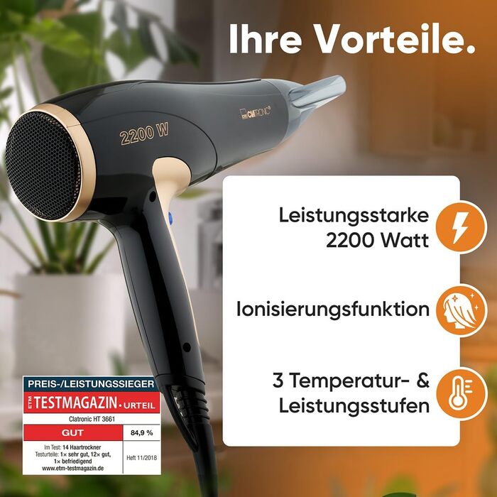 Фен Clatronic® HT 3661: 2200W, іонізація, 3 режими, насадка 360° | Фен з іонізатором, Cool Shot
