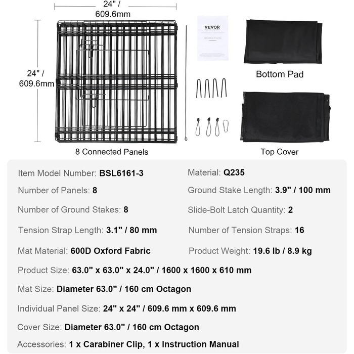 VEVOR 8-Panel Foldable Dog Playpen - 61cm High, Waterproof Oxford Fabric with Mat & Cover