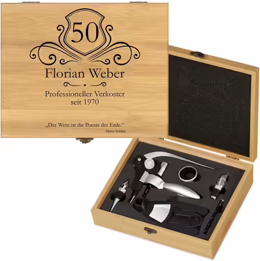Maverton Wine Opener Set Personalized Wine Set Sommelier Set - Gift Box Wooden Box + 6-Piece Wine Accessory Set - Made of Bamboo - Brown - Birthday Gift for Men - Professional Taster