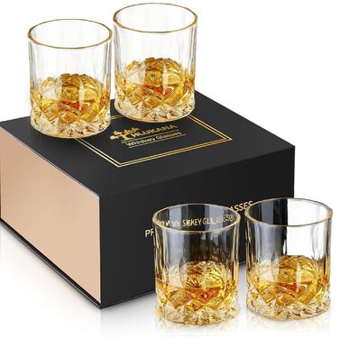 Набір з 4 склянок для віскі, 300 мл, склянка для води, набір подарунків, безпечно мити в посудомийній машині, кришталеве скло, подарунок для любителів віскі, для сім'ї, ресторану та вечірки