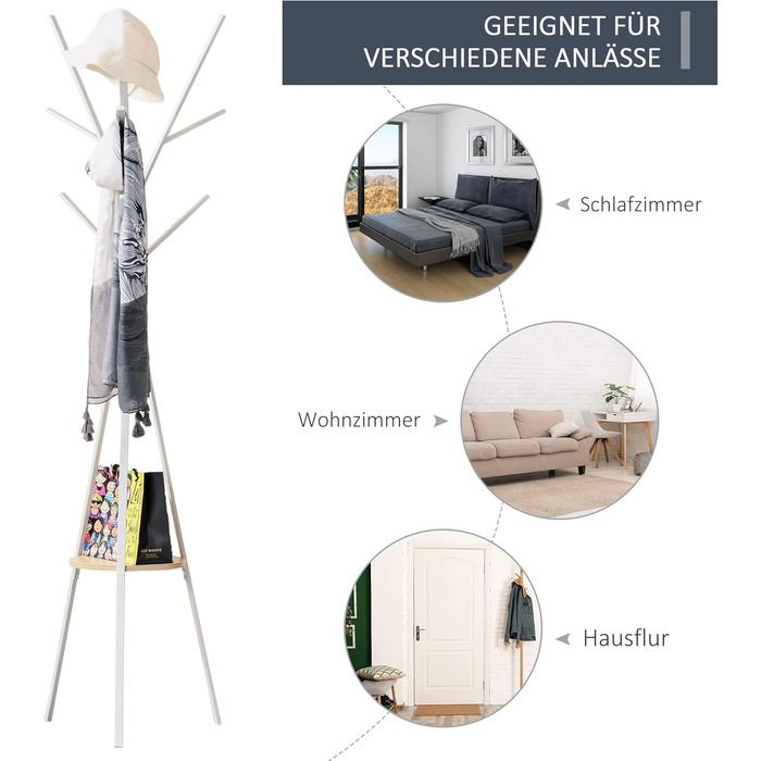 HOMCOM Coat Rack, Clothes Rack with 8 Hooks, Coat Stand with Shelf, Freestanding Coat Rack for Clothes, Hats, Bags, Metal, 45 x 45 x 180 cm (White)