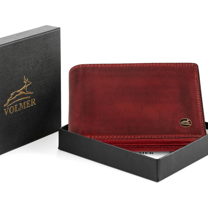 Чоловічий шкіряний гаманець Volmer з RFID-захистом, місткий (9+4 картки), Бордовий