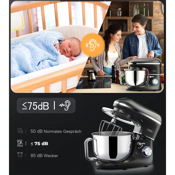 Fentic Stand Mixer - 2000W - Stainless Steel Mixing Bowl (6.2 L) - Stand Mixer with Dough Hook, Beater Hook, Whisk, and Splash Guard - Includes Additional Accessories - Black
