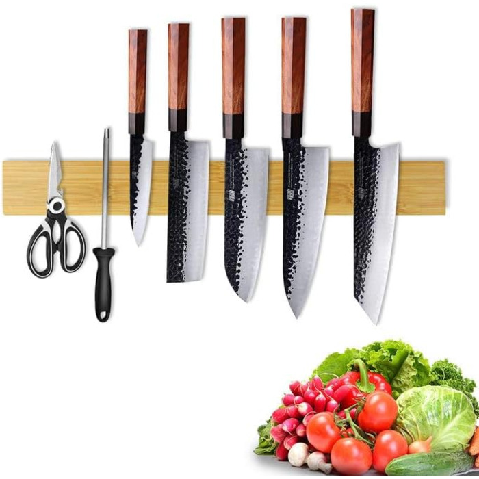 [50cm Pro] Magnetic Knife Strip, Trhillsbrad 50cm Magnetic Knife Holder Wood Knife Rail Self-Adhesive, Silver Wall Mount Magnetic Strip No Drilling Knife Holder