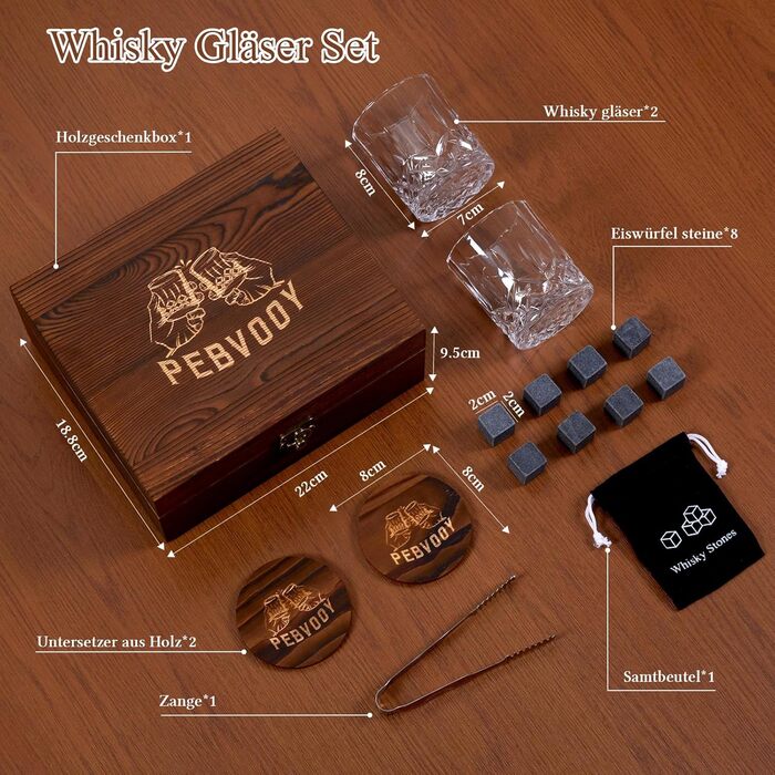 Набір склянок для віскі, подарунковий набір для чоловіків (2 склянки + 8 кеглів, що повторно використовуються + аксесуари), подарунок на день народження, подарунок на Різдво для чоловіків