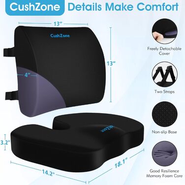 Подушка для сидіння CushZone з підтримкою попереку, чорна. Memory Foam для офісного крісла, авто, подорожей та інвалідного візка. Знімний чохол.