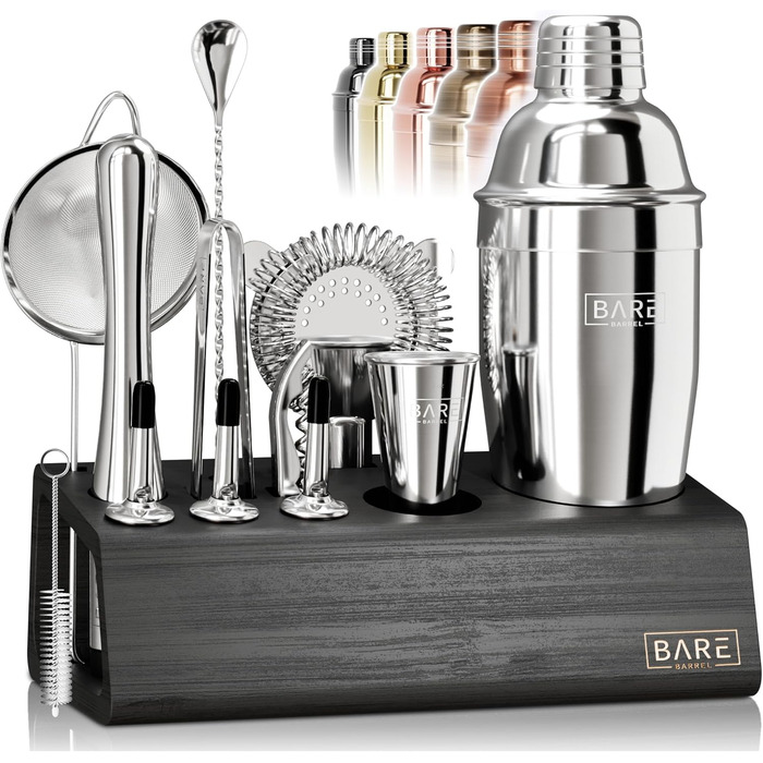 Bare Barrel Pro Cocktail Set - 14-Piece Boston Shaker Set with Stand & Recipe Cards - Bar Accessories - 24oz Cobbler Shaker (Jet Black, Silver, Black)