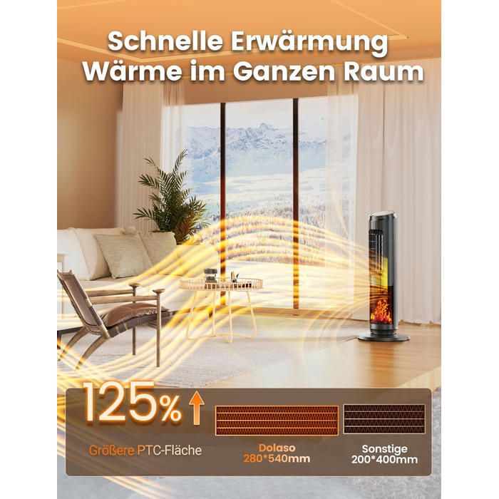 Електричний обігрівач керамічний 2000W з термостатом, дистанційним керуванням, ефектом каміну, осциляцією 70°, ECO-режим, таймером 1-8 год, захистом від перегріву та перекидання, тихий, для офісу та вітальні
