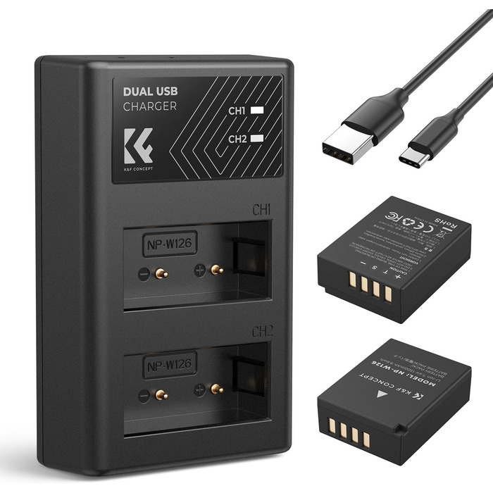 Акумулятор K&F Concept NP-W126 (2 шт.) з зарядним пристроєм Dual-Slot, 1300mAh для Fujifilm XM5, X100VI, X100V, X100F, XS10, XT30, XT30 II, XT20, XE4, A5, X-E1, E2, E3