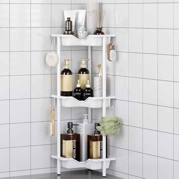Підставка для душу OriwarE без свердління, кутова, 3 яруси, з гачками, нержавіюча сталь, пластик, білий