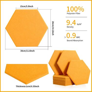 Набір акустичних панелей Rdutuok (12 шт), гексагональні звукопоглинаючі плити 30x26x1 см для студії, офісу та декору стін, помаранчево-жовті