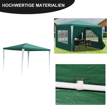 Waterproof Garden Pavilion, Gazebo, Stable and Winter-Proof with 4 Side Panels and Windows, Garden Party Tent with UV Protection 50+ for Parties, Market Stalls, Flea Markets, and Camping, Green, 3x3m