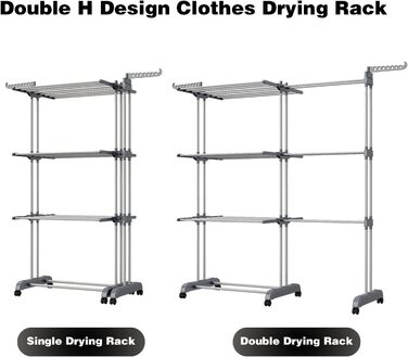 Сушарка для білизни 3-ярусна, турбо-тип, 75-200 см, висувна, з 2 обертовими крилами, висота 180 см, економна, на колесах, для квартири, балкону та саду (сіра)