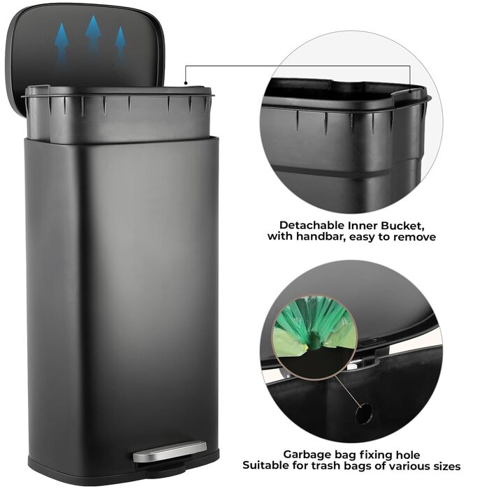 Відро для сміття LIFERUN 30л з кришкою, з м'яким закриттям, сталеве, з внутрішнім відром, для кухні, ванної кімнати, офісу, чорне