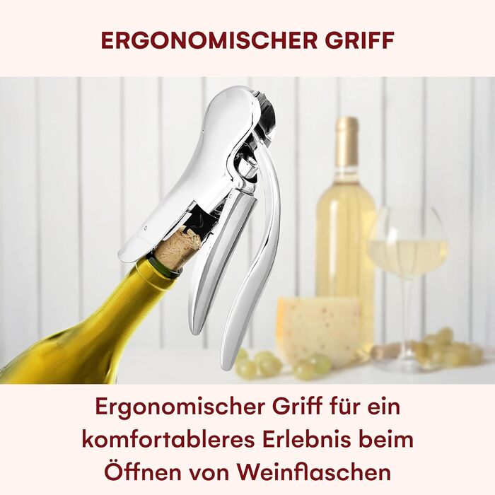 Kitchtic Wine Opener - Wine Bottle Opener - Stainless Steel - Opens in just 3 seconds with a quick up and down motion - Waiter's Knife - includes foil cutter - Silver