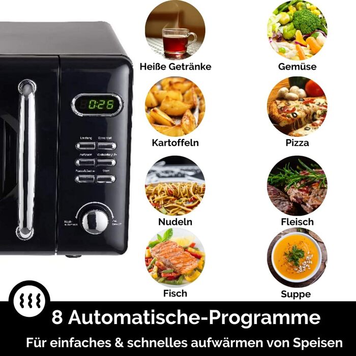 Мікрохвильова піч Wolkenstein Retro WMW720 I 700W, 20L, 5 рівнів потужності, 8 програм, розморожування, LED-дисплей, чорний