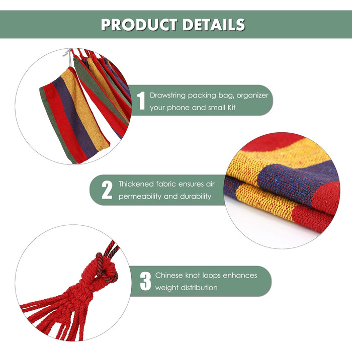 Гамак для відпочинку на відкритому повітрі з бавовни на 1 особу, 190 x 80 см, вантажопідйомність до 150 кг, з сумкою для перенесення. Підходить для саду, тераси, веранди, пляжу та заднього двору.