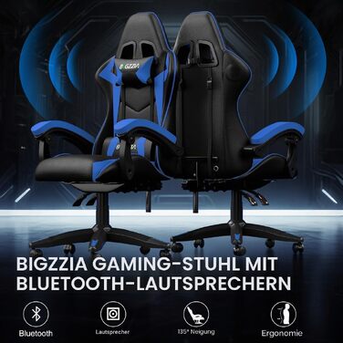 Ігрове крісло Bigzzia Gaming Stuhl з Bluetooth-динаміками, відкидний підголівник 90-135°, ергономічний дизайн (Синій)