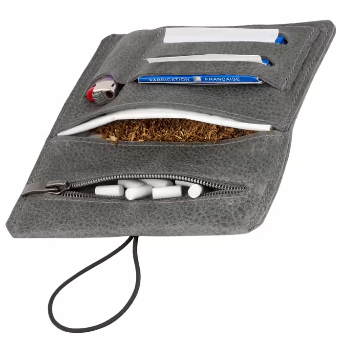 Simaru Personalized Leather Tobacco Pouch with Engraving for 30g Tobacco Bag, Genuine Leather Rolling Pouch incl. Filter Compartment and Sheets Holder (Dark Grey) (Dark Grey)