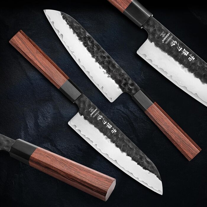 Японський ніж Santoku 18,5 см Hezhen, кухонний, з кованого сталі, з дерев'яною ручкою