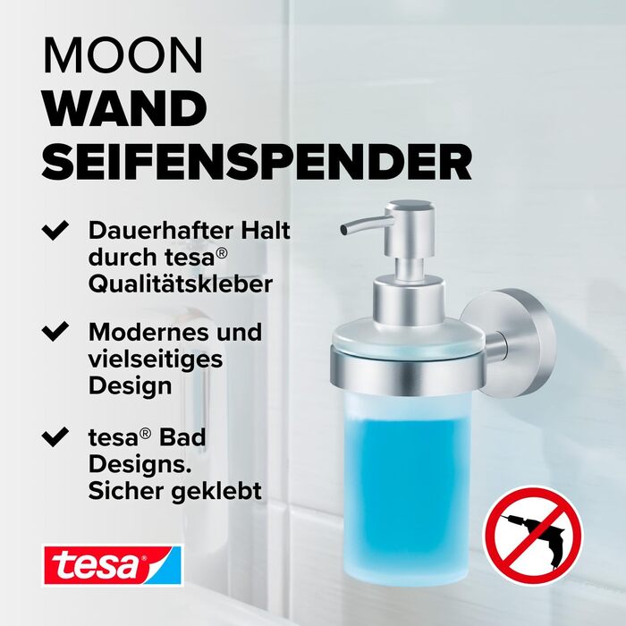 tesa Moon Soap Dispenser Set, satinized glass and chrome-plated stainless steel - Wall-mounted liquid soap dispenser without drilling, incl. adhesive solution - 109 mm x 70 mm x 156 mm