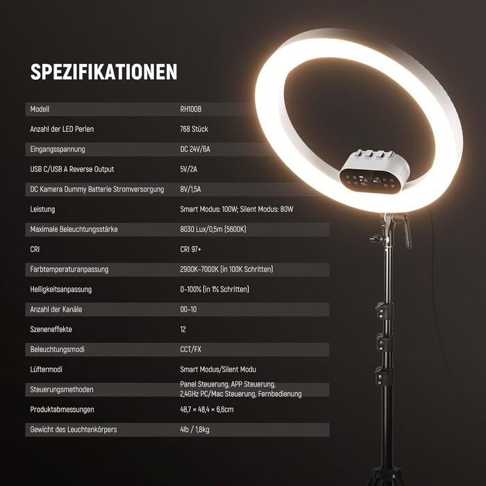 NEEWER Комплект кільцевого світла для фото та відео: 48 см, 52 Вт, регульоване LED, штатив, Bluetooth, для смартфона, YouTube, селфі (RH100B)