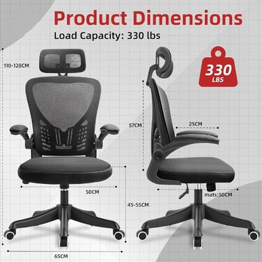 Ергономічне крісло для офісу та геймінгу з регульованою підголівником та підлокітниками, підтримкою попереку, дихаючою спинкою, регулюванням висоти та роликами. Чорний колір.