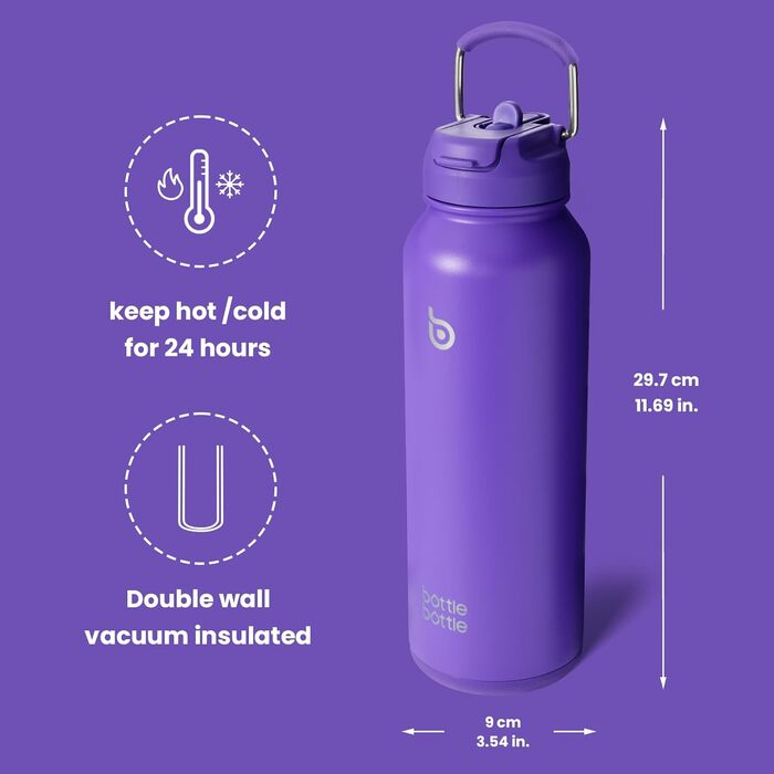 BOTTLE BOTTLE Insulated Water Bottle with Straw, Sport Stainless Steel Water Bottle with Grip Lid, Outdoor Sports Bottle for Pills, 1L (White) (Violet)