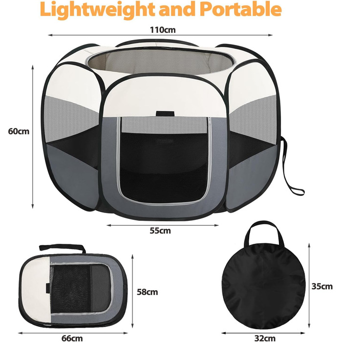 Клітка-прогулянка для цуценят та маленьких тварин, розкладний вольєр для собак, котів, кроликів. Водонепроникний вольєр з Oxford тканини з сумкою для перенесення (білий, 110x110x60 см)