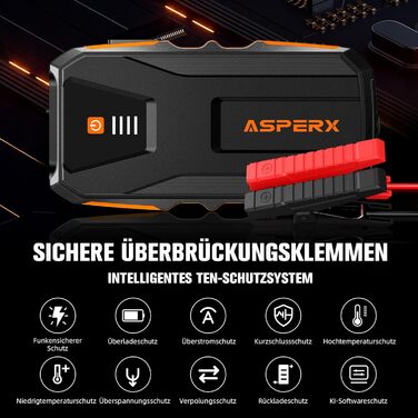 Powerbank Starthilfe AsperX 3000A: Зарядний пристрій для автомобіля 12V з кабелями, LED ліхтариком, IP64, для авто, вантажівок, мотоциклів