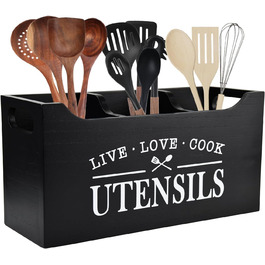 Karisky Kitchen Utensil Holder with Drainage Bottom, Large 3-Compartment Solid Real Wood Utensil Organizer for Countertops, Cooking Tools for Farmhouses for Worktops (Black)